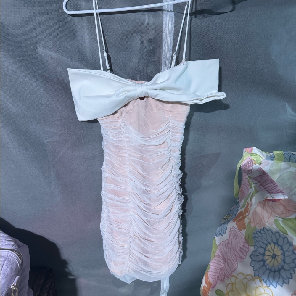 Pink and White Ruched Dress with Bow